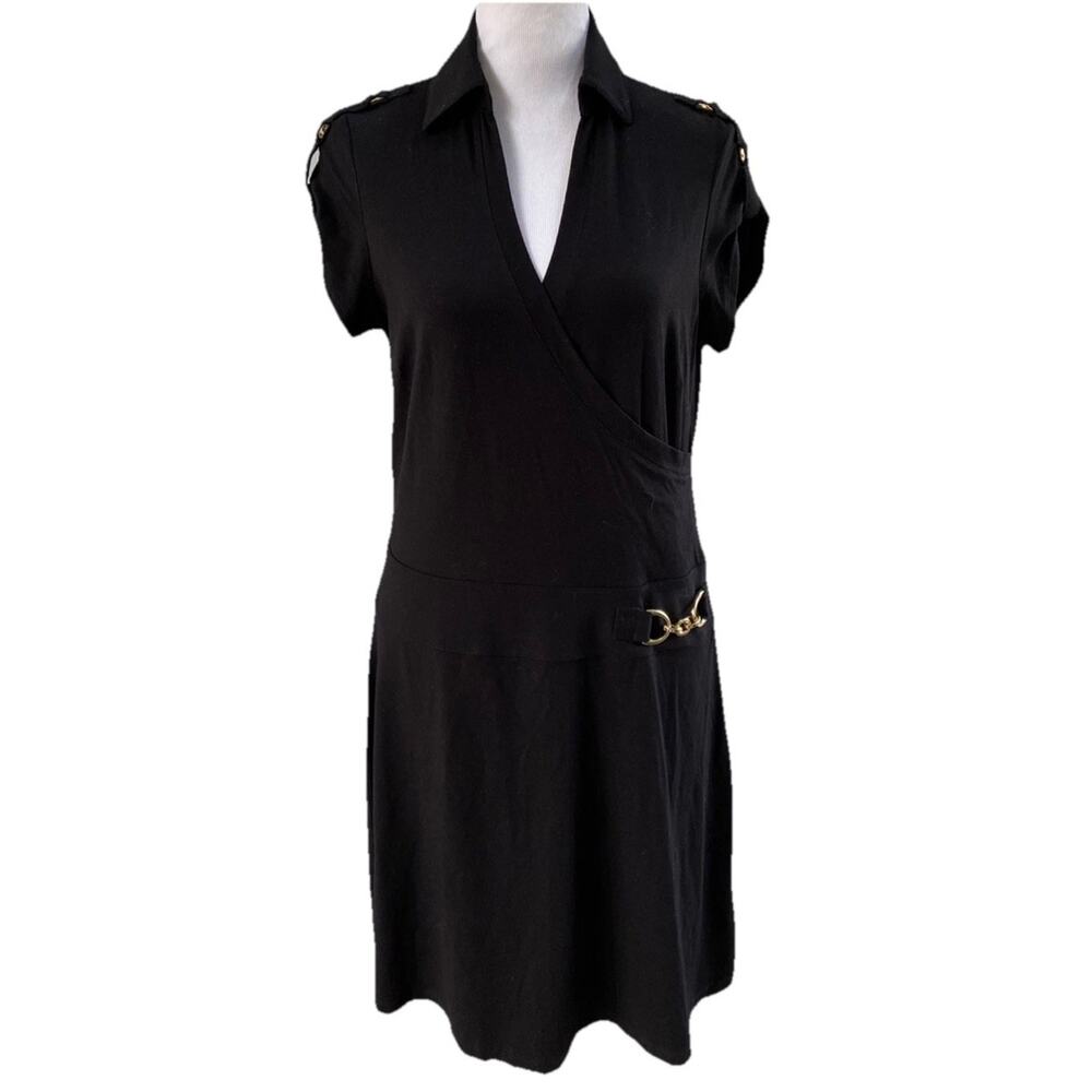 Cache Black Faux Wrap Gold Side Buckle Sheath Dress Size S